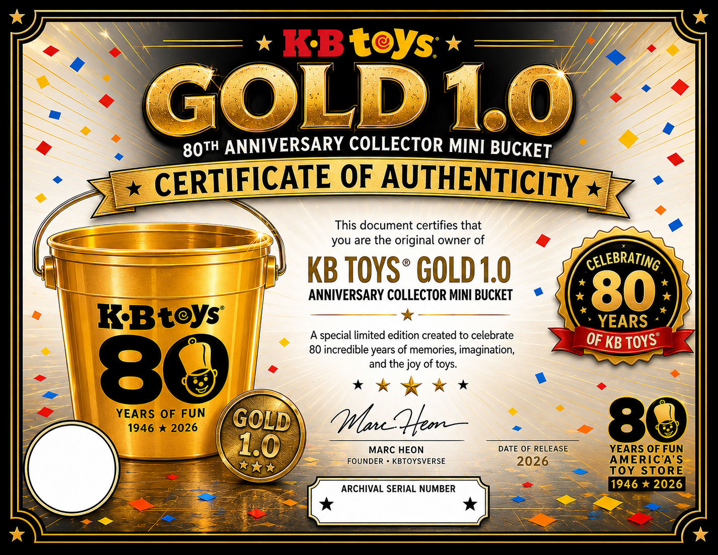 PRE-SALE BEGINS SOON | KB Toys® Gold 1.0 Anniversary Collector Bucket – Official 2026 80th Anniversary Release