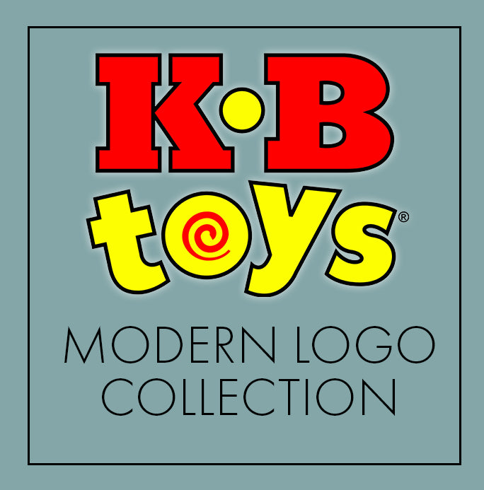 KB Toys red and yellow logo containing letters and a red swirl in the letter "o". THe text modern logo collection underneath the logo, on a sage green solid color block background.