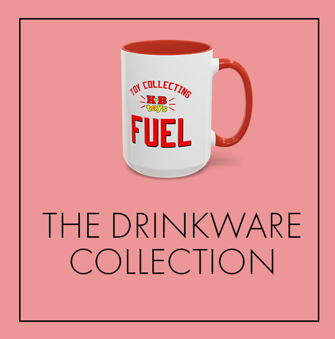 An image of a white coffee mug with the KB Toys logo and words Toy Collecting Fuel.. The text the drinkware collection underneath the logo, on a light red solid block background.