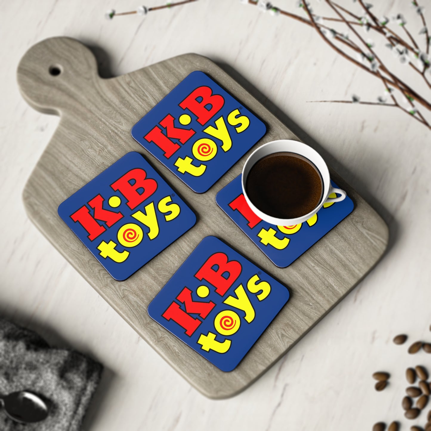 Coasters - KB Toys® Logo with Blue Background - Perfect Gift for Coffee-Lovers and Drink Enthusiasts