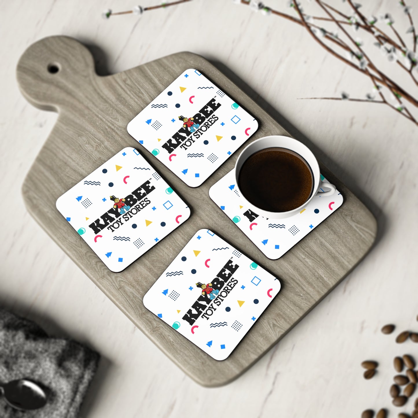 Coasters - Kay Bee Toys™ Logo Retro 80s Background - Perfect Gift for Coffee-Lovers and Drink Enthusiasts