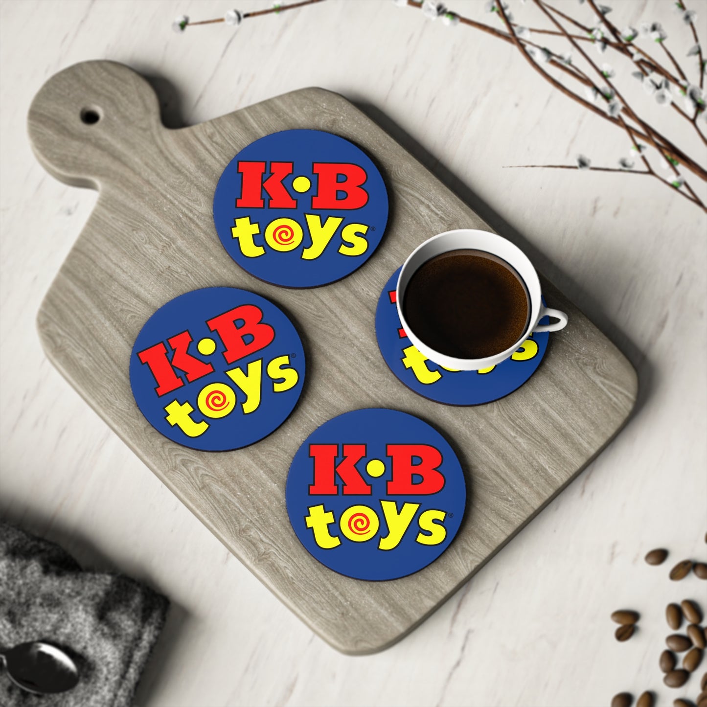 Coasters - KB Toys® Logo with Blue Background - Perfect Gift for Coffee-Lovers and Drink Enthusiasts