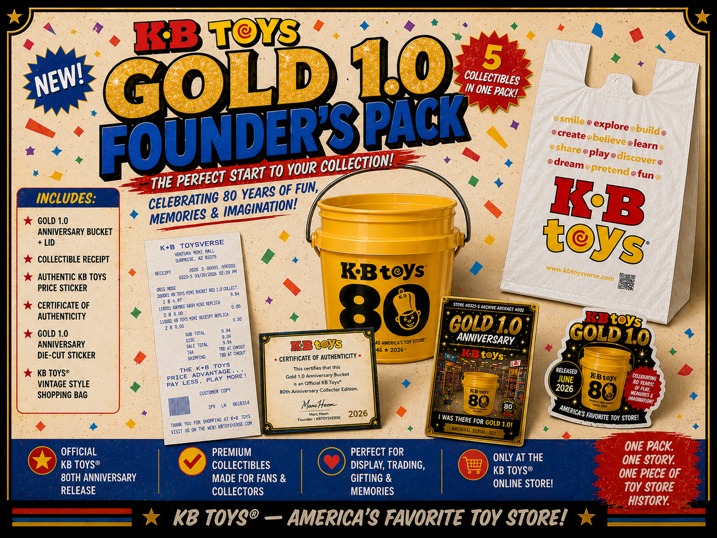 PRE-SALE | KB Toys® Gold 1.0 Founder's Pack – Official 2026 Anniversary Collector Set