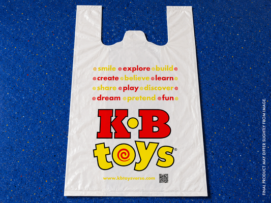 PRE-SALE BEGINS SOON | KB Toys® Classic Shopping Bag – Retro Toy Store Plastic T-Shirt Bag | Collectible Nostalgia Display Piece
