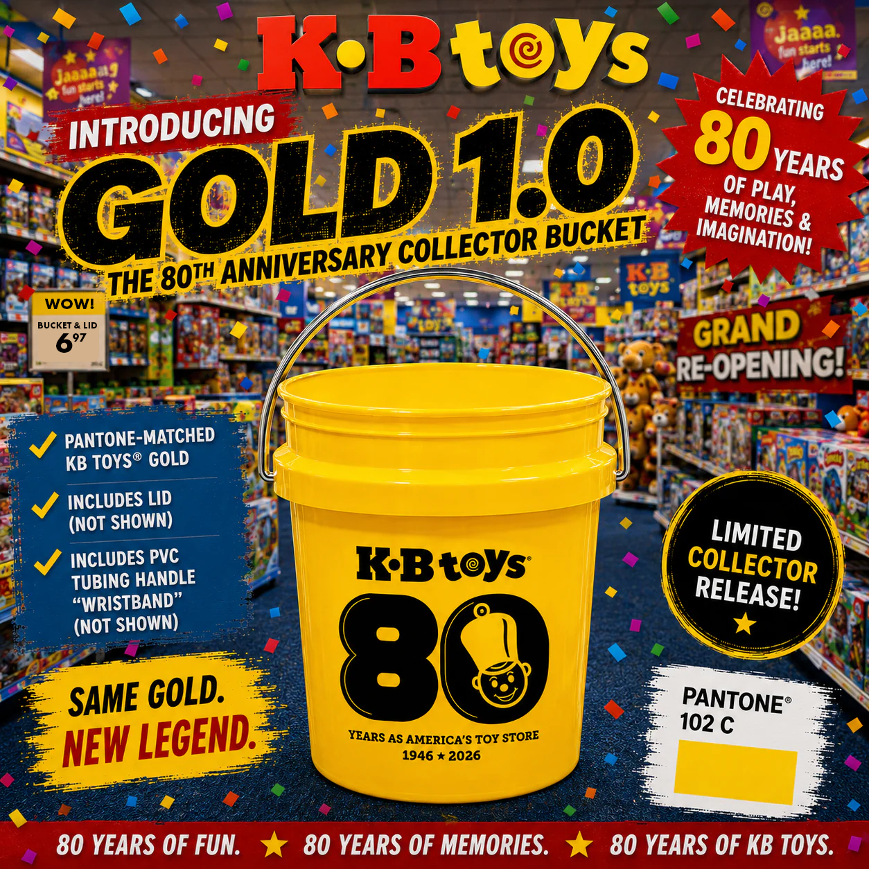 PRE-SALE BEGINS SOON | KB Toys® Gold 1.0 Anniversary Collector Bucket – Official 2026 80th Anniversary Release