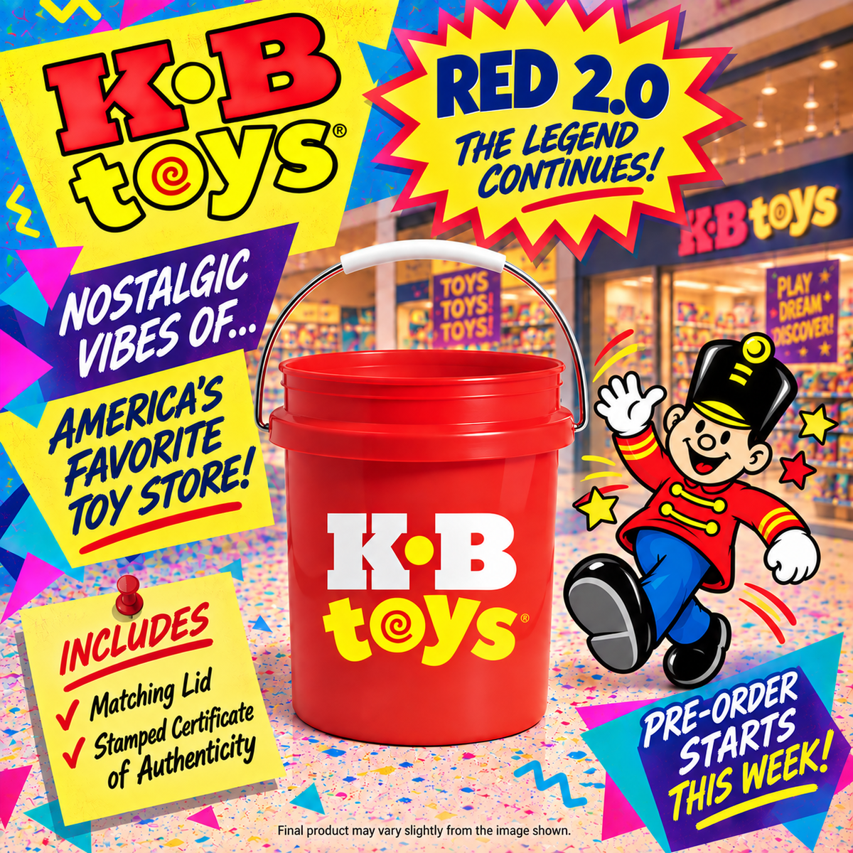 KB Toys Red 2.0 500 mL Collector Mini Bucket with white and yellow KB Toys logo and matching red lid